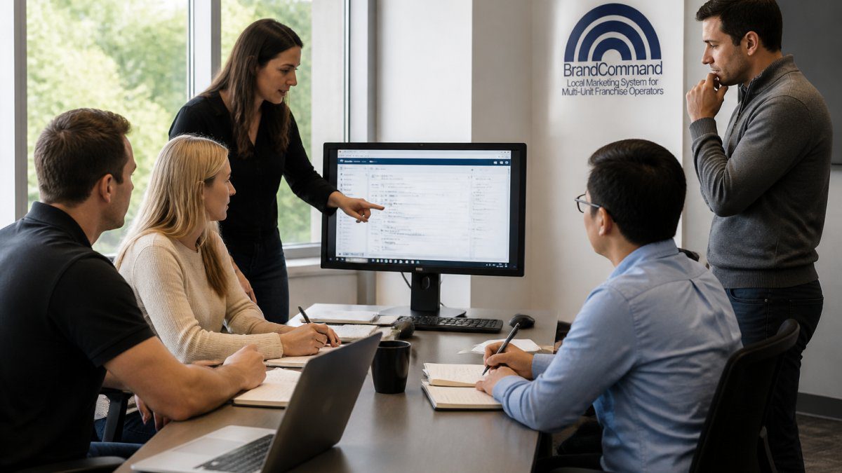 Professional marketing team members reviewing franchise platform implementation on shared computer screen with engaged franchisees taking notes in modern training room with natural lighting