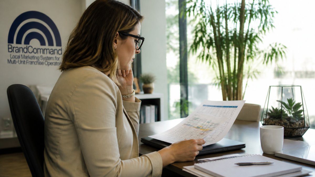 Marketing manager analyzing performance data using local SEO software on a desktop monitor in a bright office