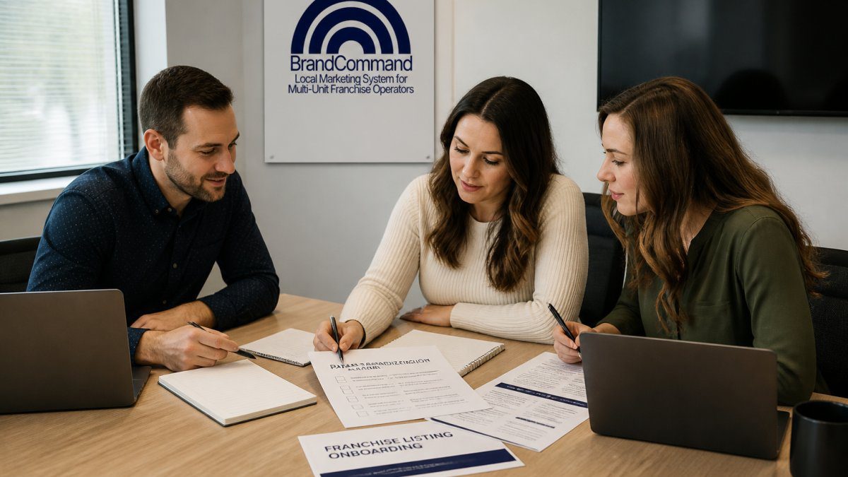 Franchise operations team reviewing a data standardization checklist and onboarding document together at a conference table with laptops and printed materials visible