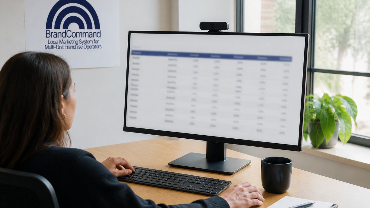 Marketing manager reviewing performance metrics on a desktop monitor displaying franchise location ROI data, with a coffee cup and notepad on the desk, natural office lighting