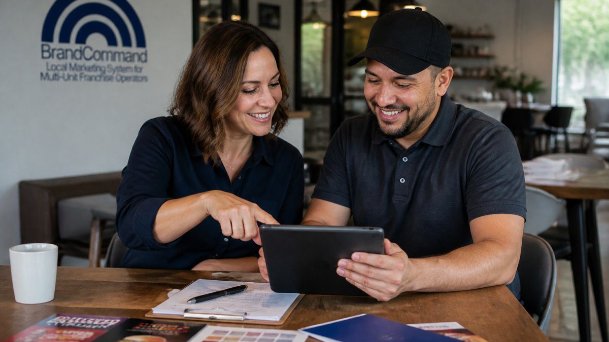 Marketing manager and franchise owner reviewing campaigns to standardize franchise marketing on a tablet together